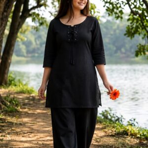 Black Cotton Co-Ord Set for Women with Palazzo Pants