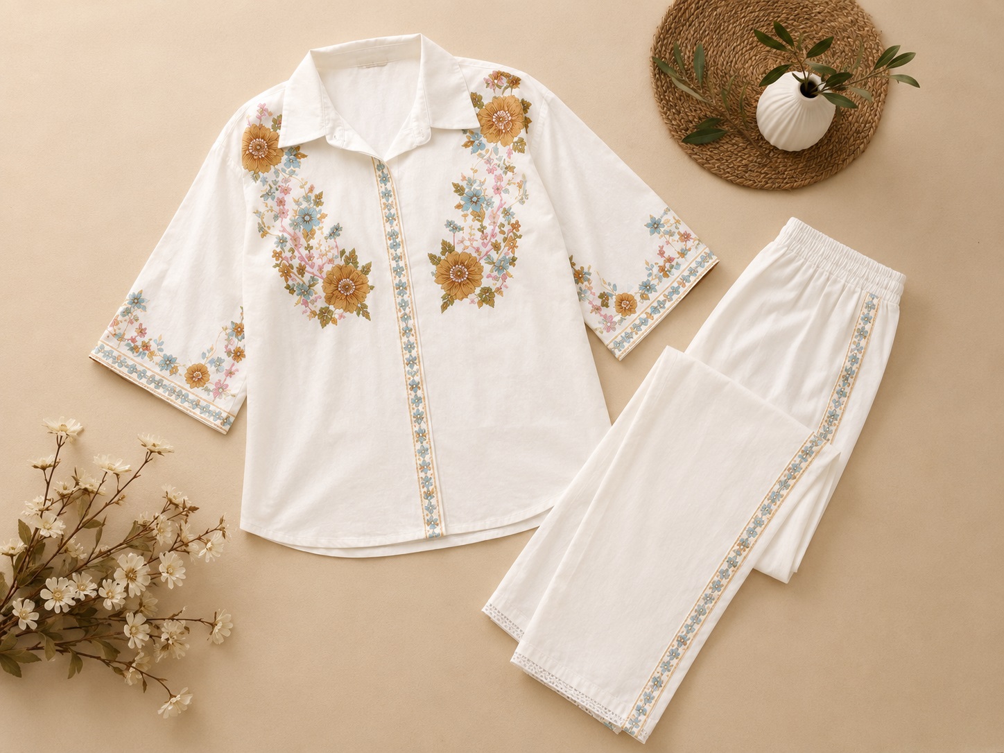 Ivory Floral Embroidered Cotton Co-Ord Set - Image 4