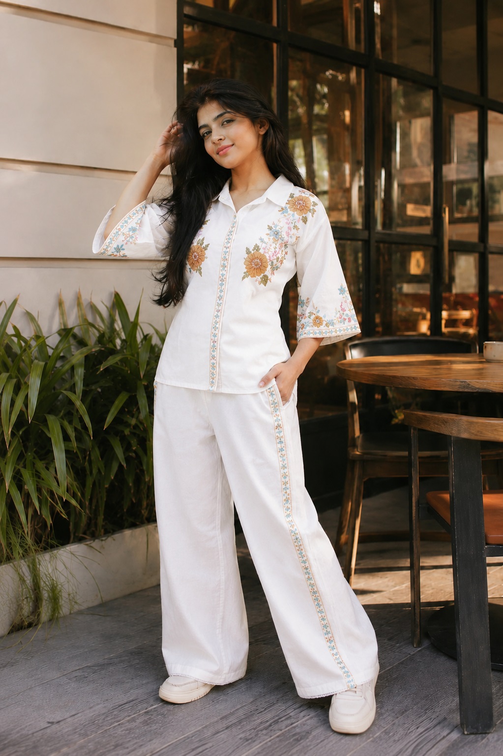 Ivory Floral Embroidered Cotton Co-Ord Set