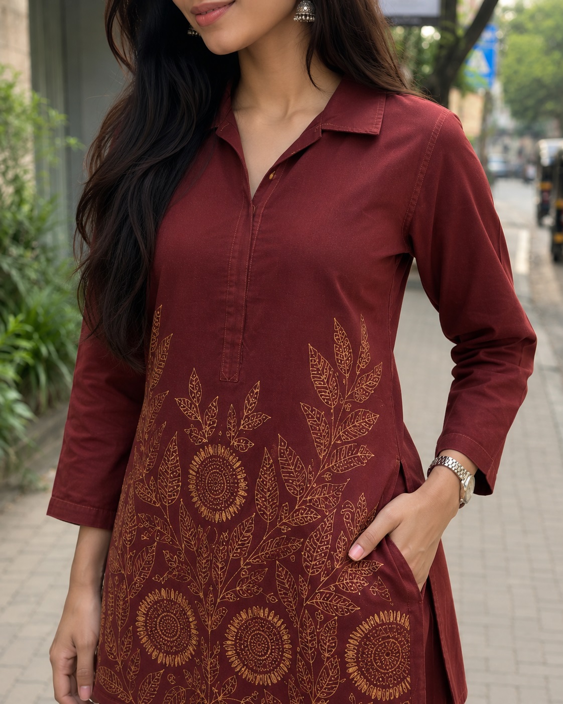 Maroon Embroidered Cotton Co-Ord Set with Palazzo Pants - Image 2