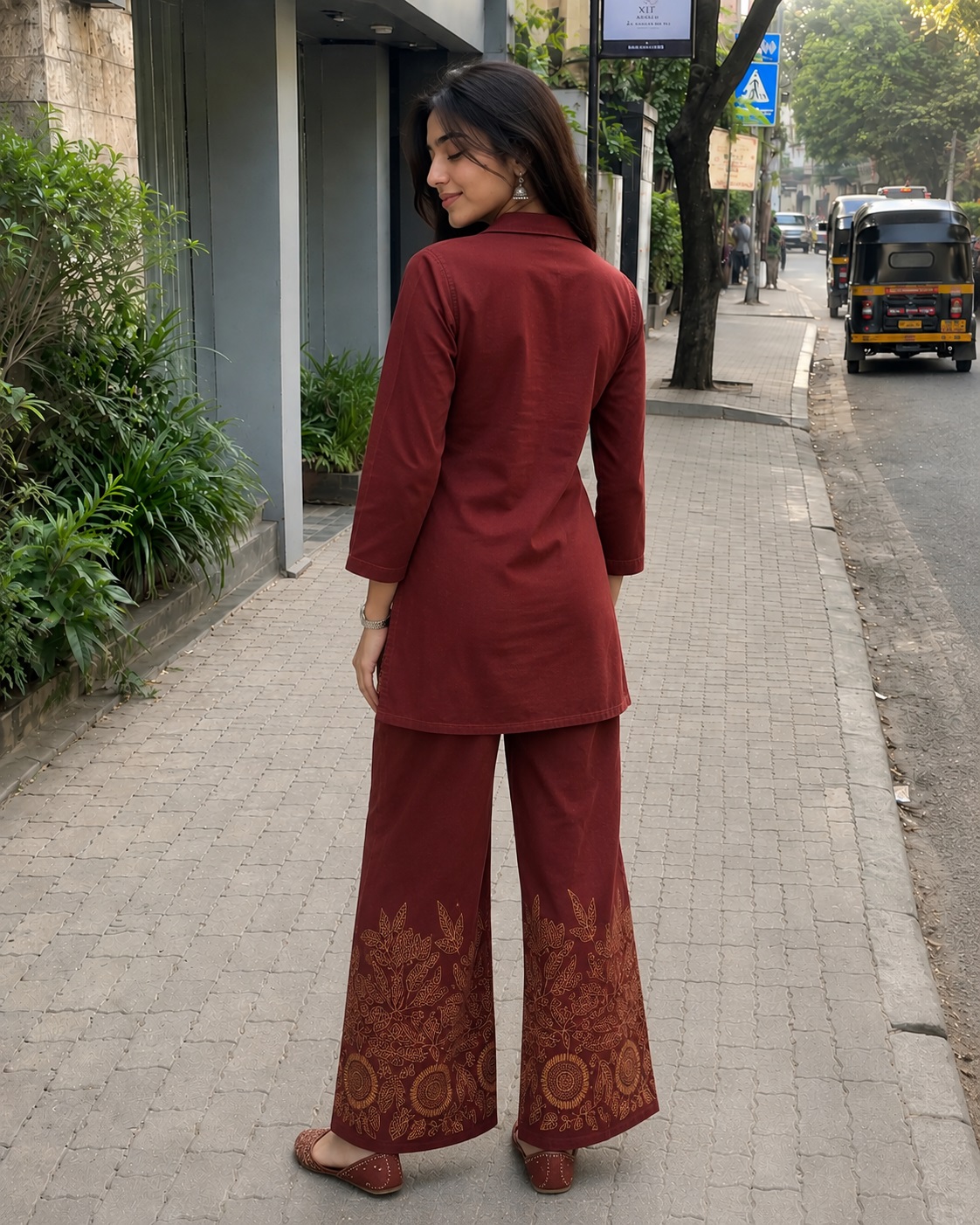 Maroon Embroidered Cotton Co-Ord Set with Palazzo Pants - Image 3