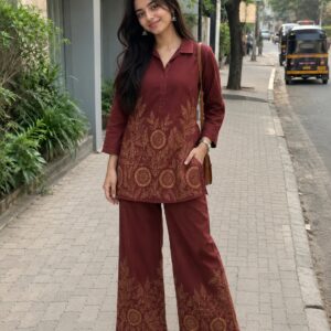 Maroon Embroidered Cotton Co-Ord Set with Palazzo Pants