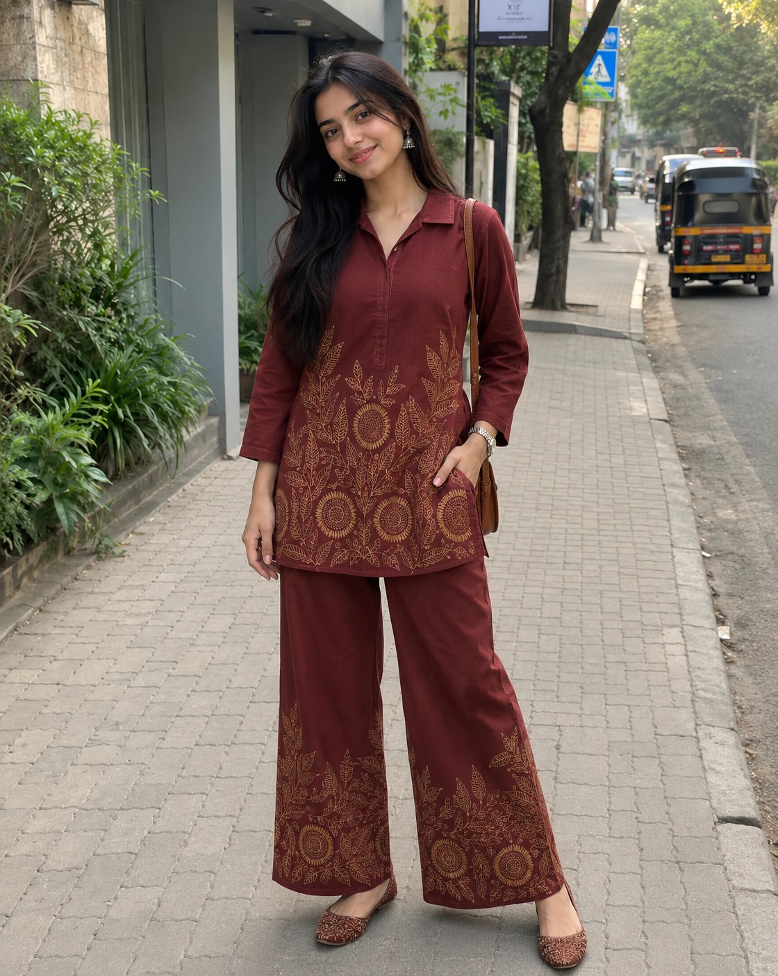 Maroon Embroidered Cotton Co-Ord Set with Palazzo Pants