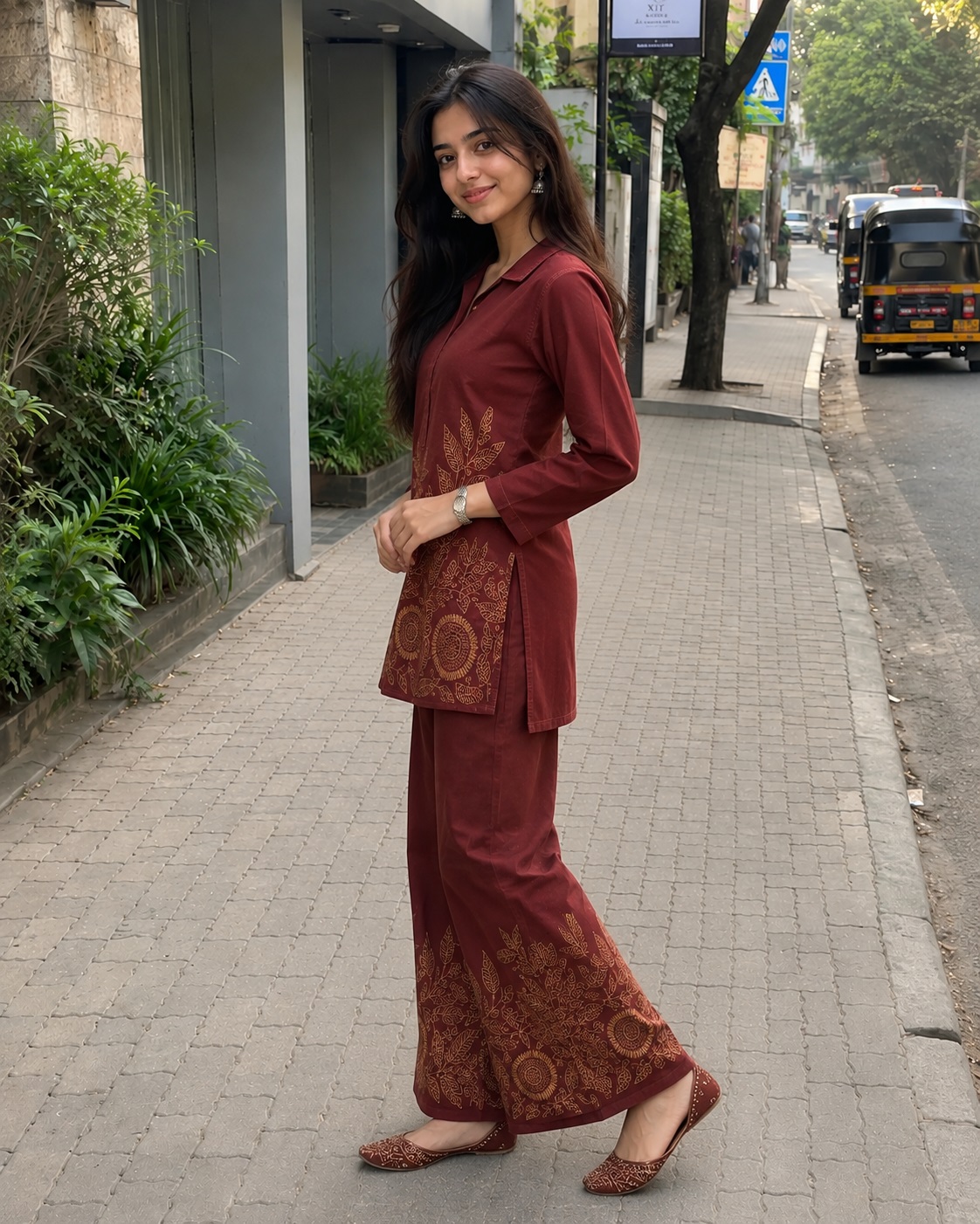 Maroon Embroidered Cotton Co-Ord Set with Palazzo Pants - Image 4