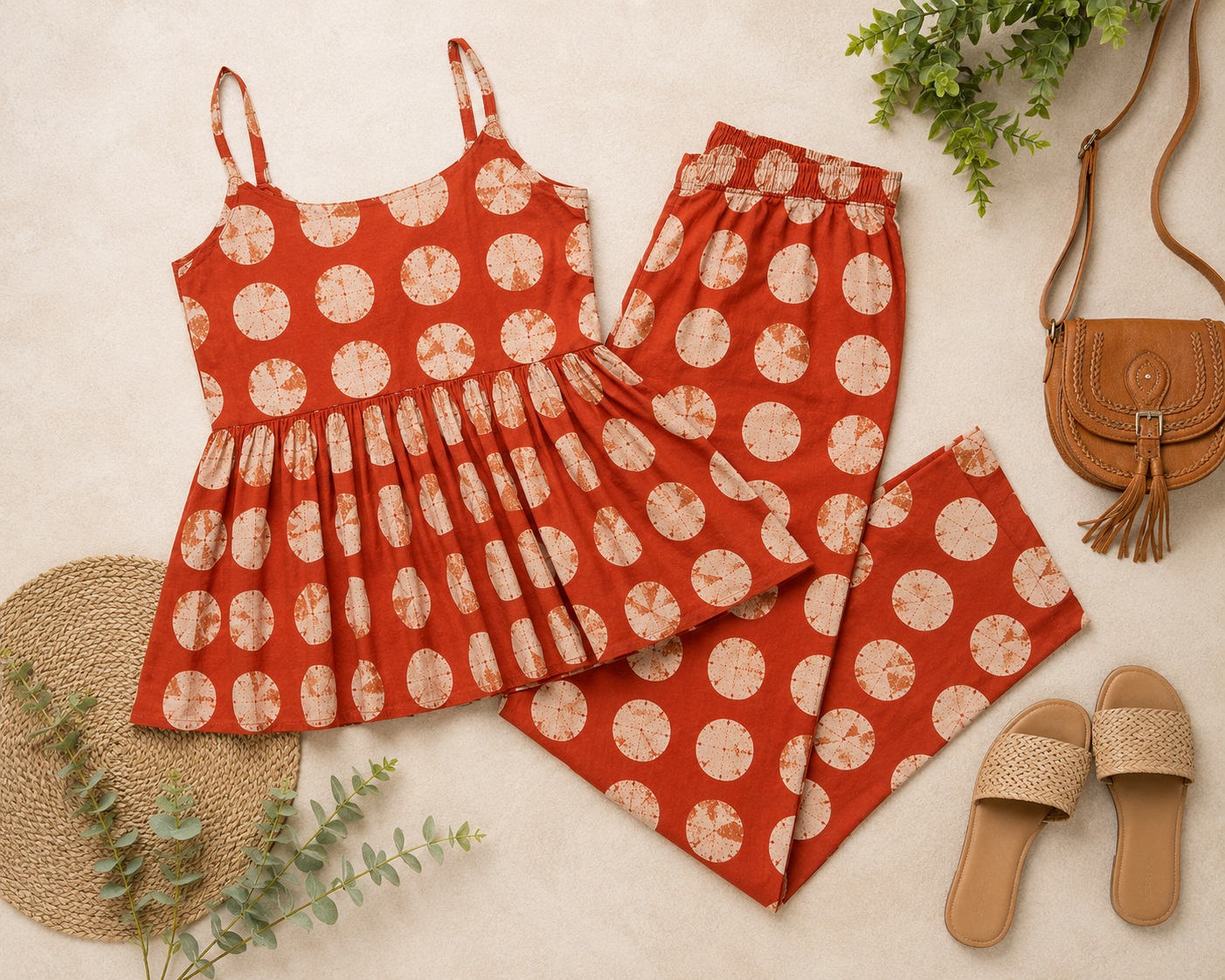 Rust Orange Polka Print Cotton Co-Ord Set for Women - Image 6